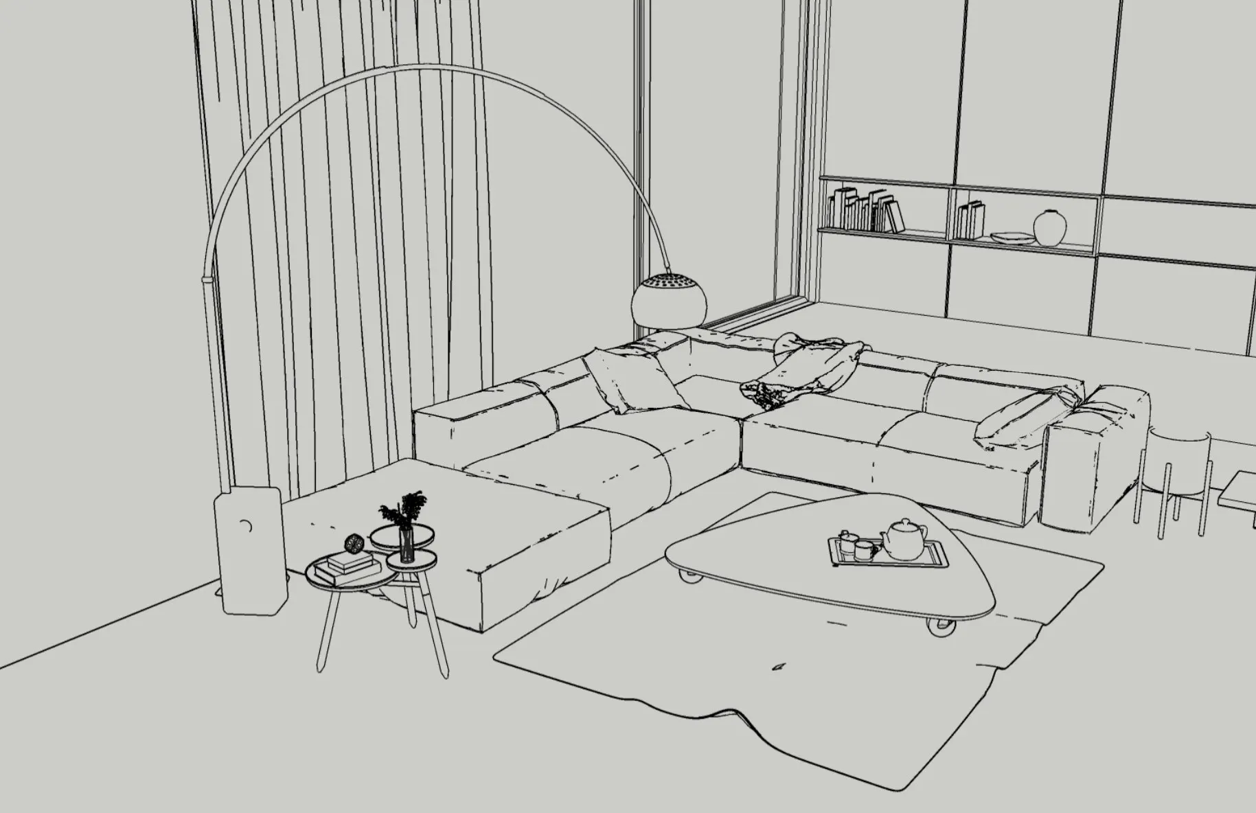 Line drawing of the same living room, black lines only on a light background.