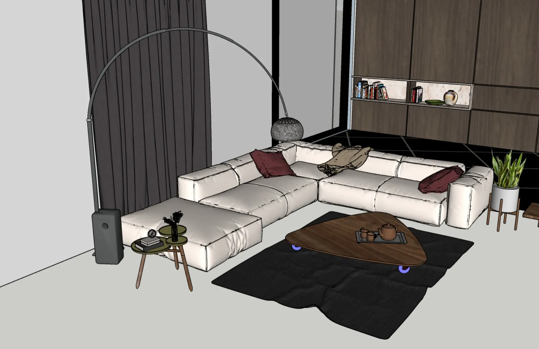 SketchUp design of a living room with a white corner sofa, arc lamp, triangular coffee table and a dark wall cabinet.
