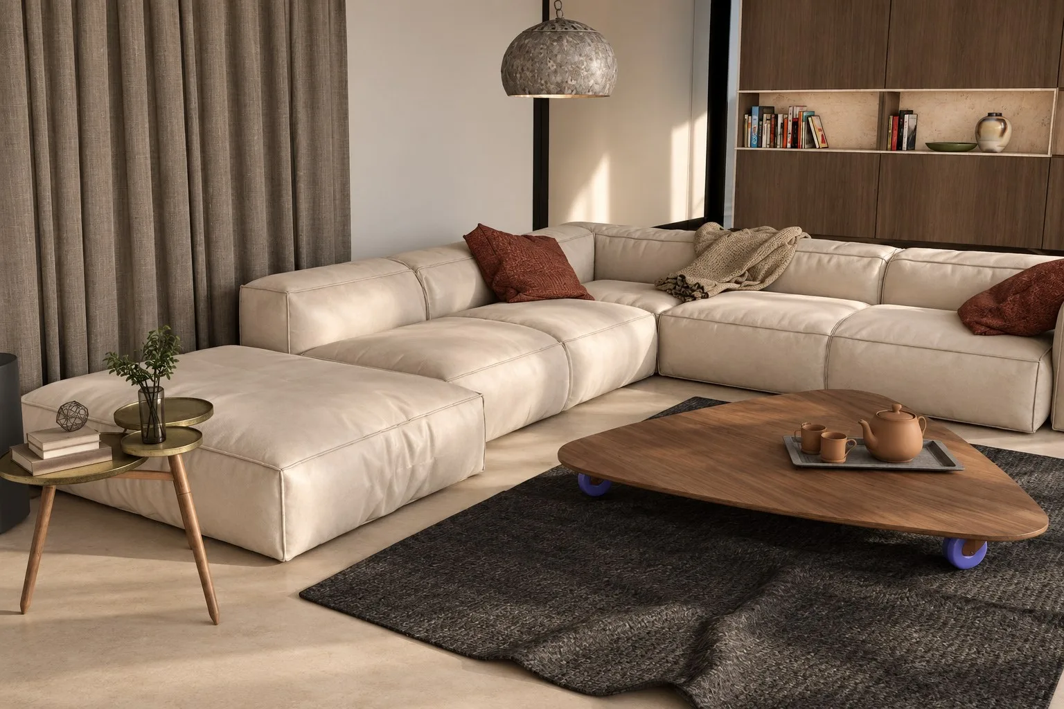 Photorealistic mood image of the same living room in warm daylight, with a leather corner sofa, wooden coffee table and bookcase.
